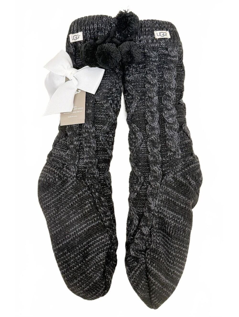 UGG Charcoal Heather Cable Knit Fleece Lined Slipper Socks Cozy Lounge 9-11